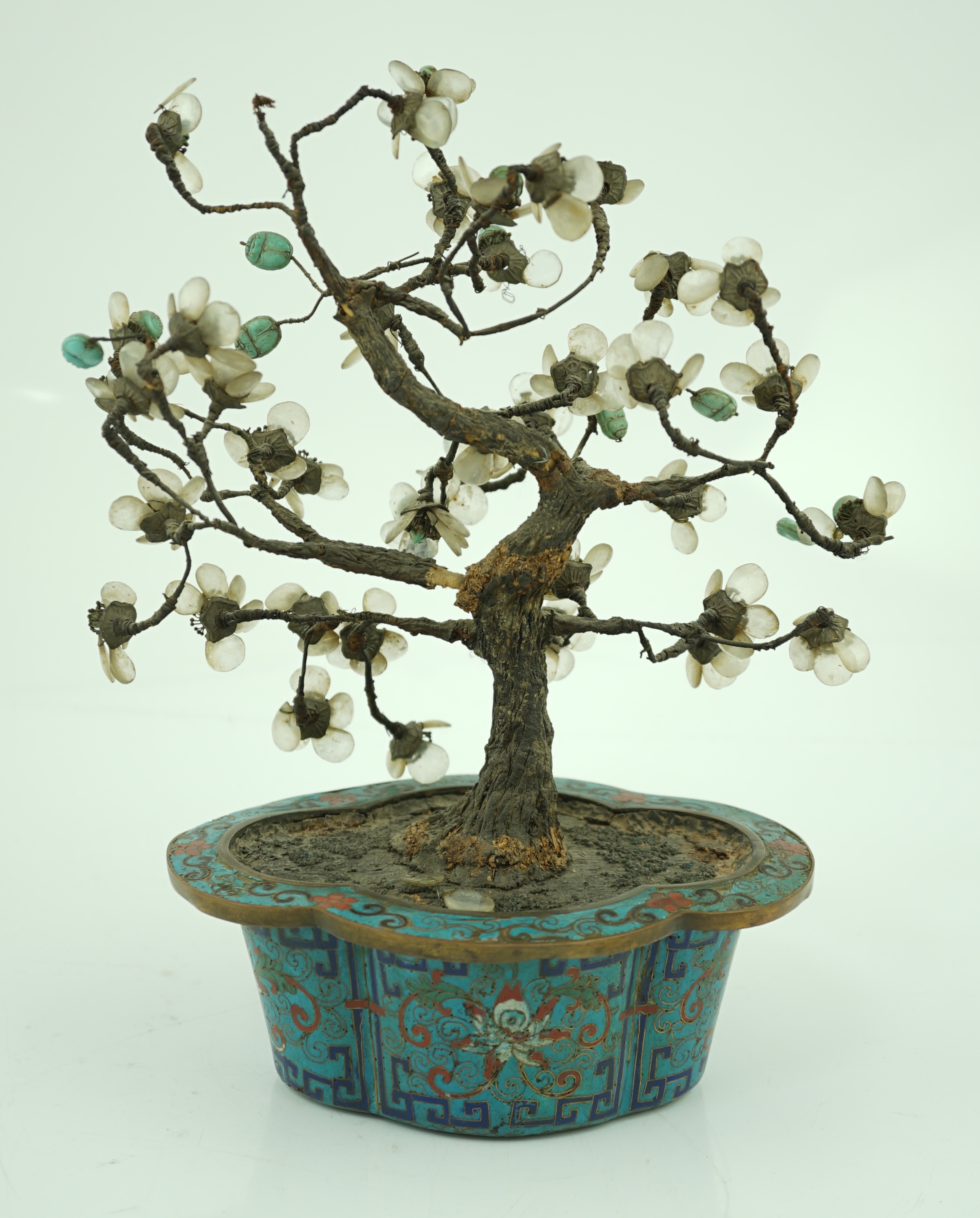 A Chinese cloisonné enamel jardiniere housing a glass mounted model tree, 19th century